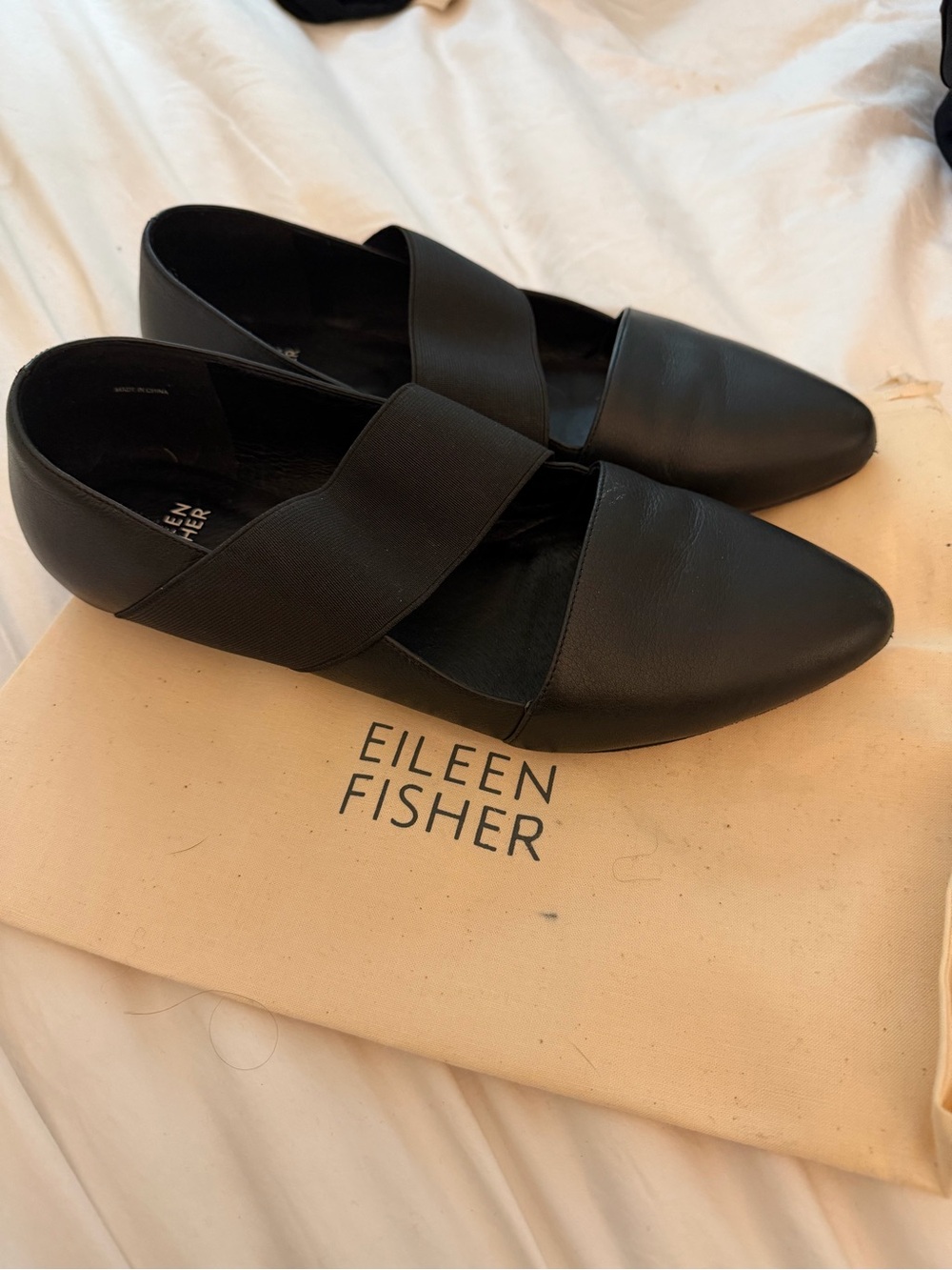 Eileen Fisher Black Pointed Slip-On Leather Loafers with Elastic Cross Strap